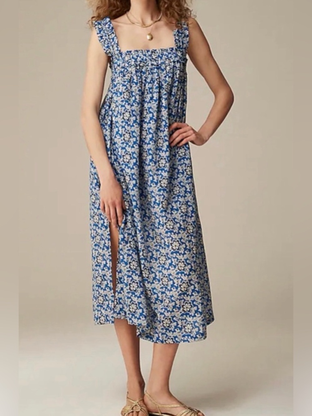 J. Crew Blue White Floral Voile Ruffle Trim Shift Dress Midi Medium Sleeveless